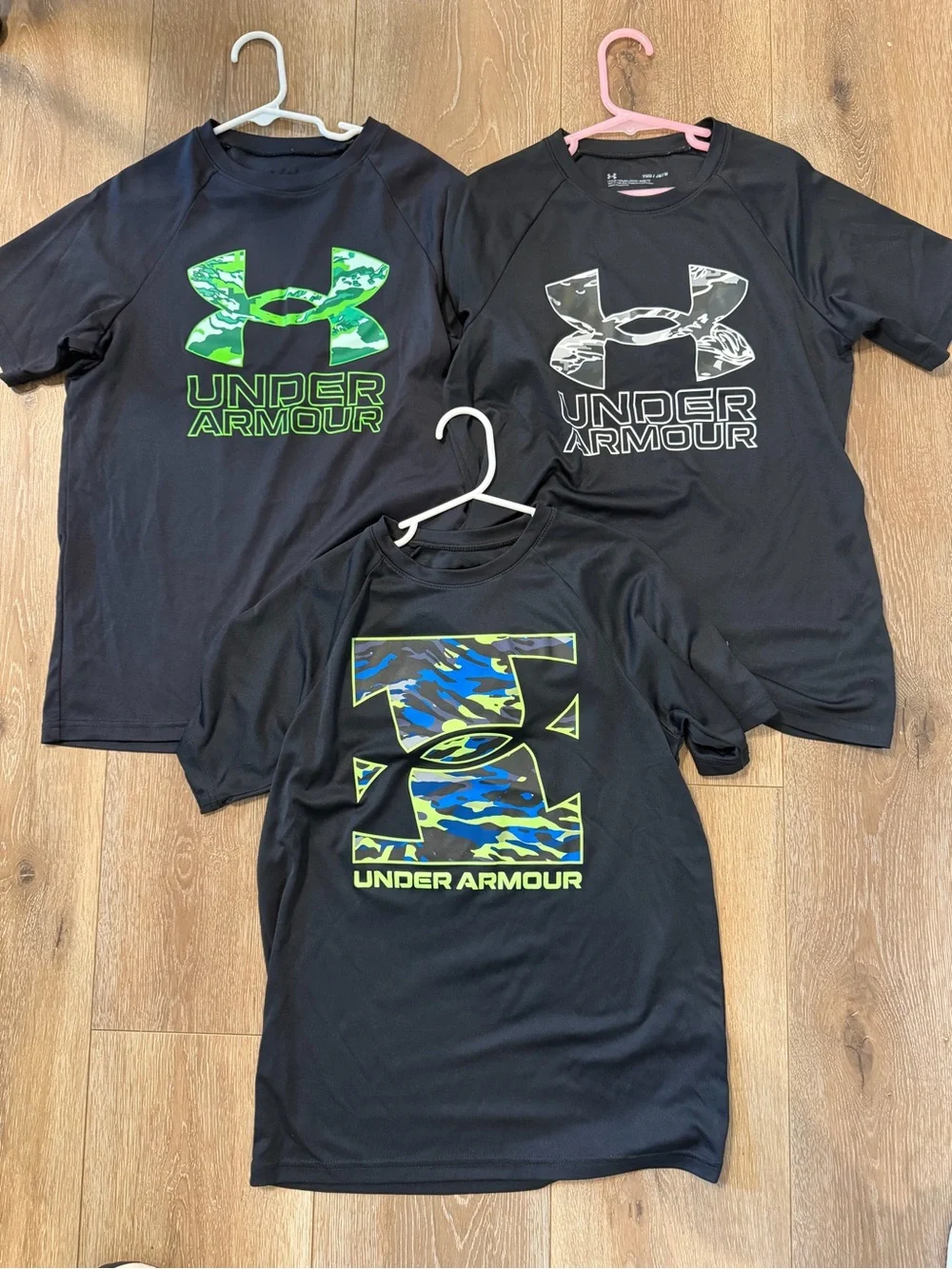 Under Armour Black Short Sleeve Tee with Green and Blue Camo Logos
